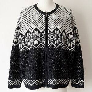 90s Cignal Nordic Fair Isle Zip Cardigan Sweater Black Ivory Hong Kong Made Sz L